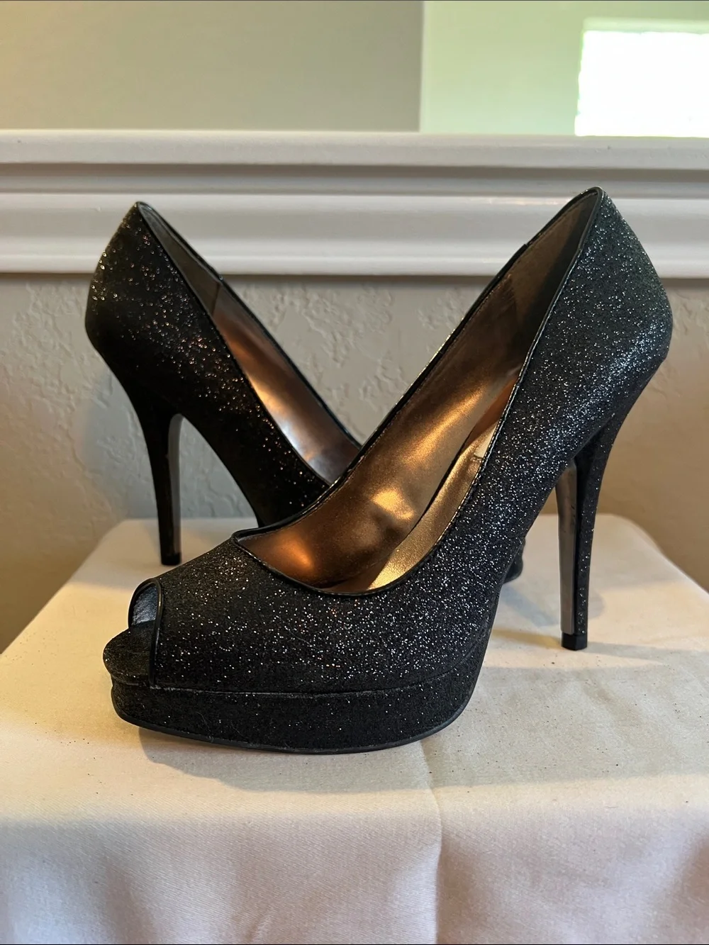 Steve Madden Black Glitter Open-Toe Platform Pumps